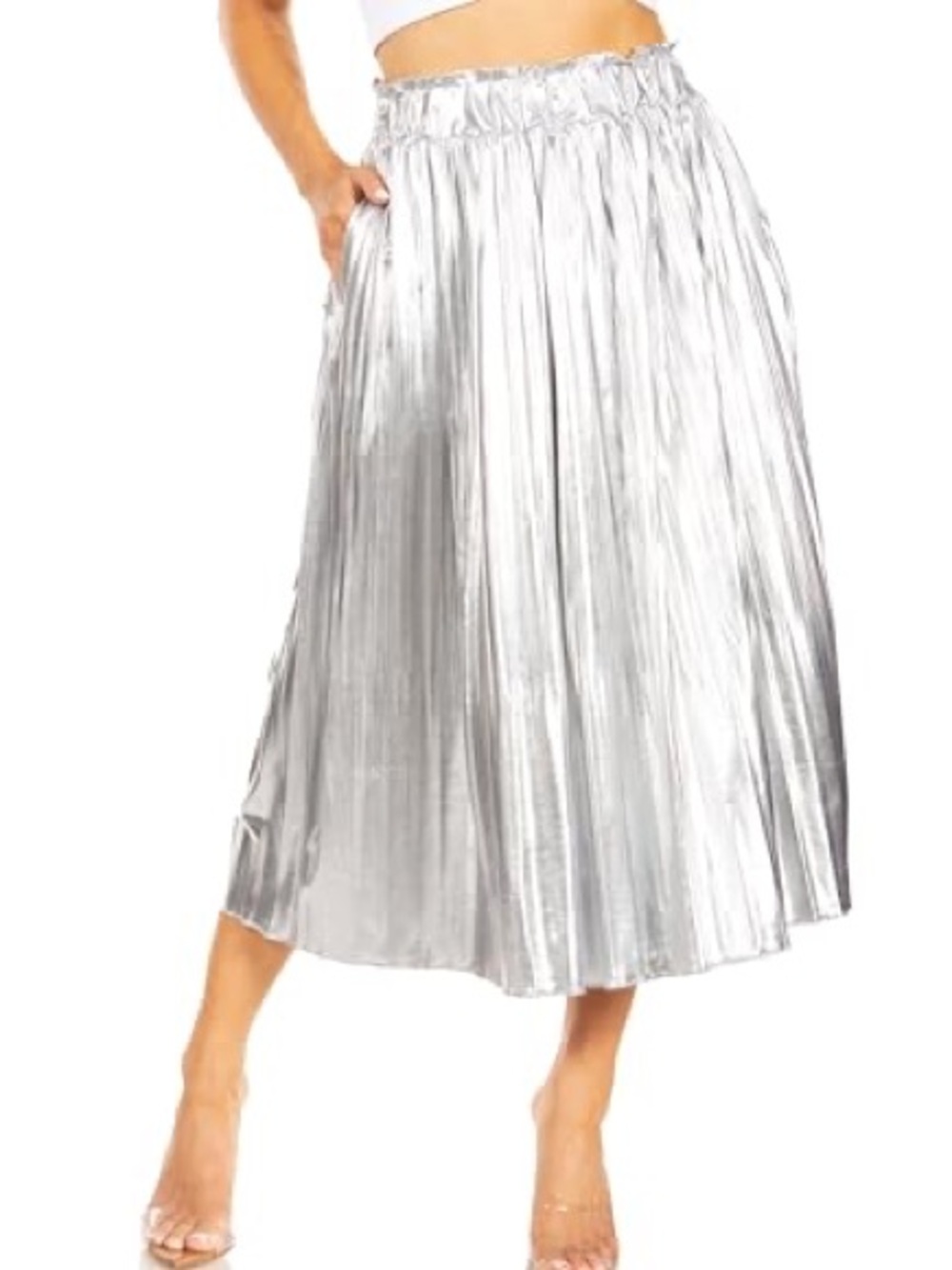 Simlu Metallic Silver Pleated A-Line Midi Skirt 3XL
